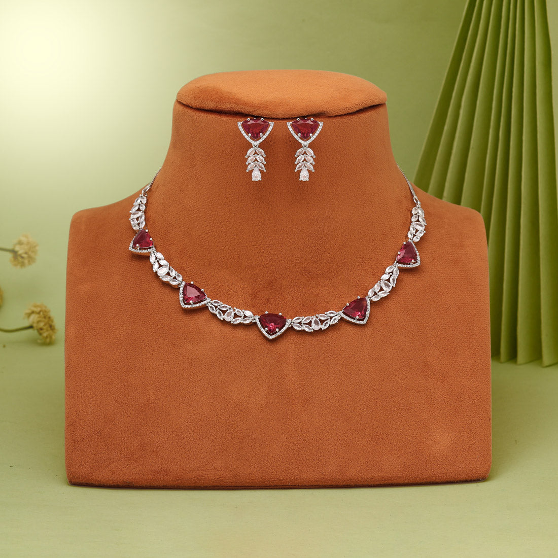 Ruby Color American Diamond Necklaces Set - Preyans.com