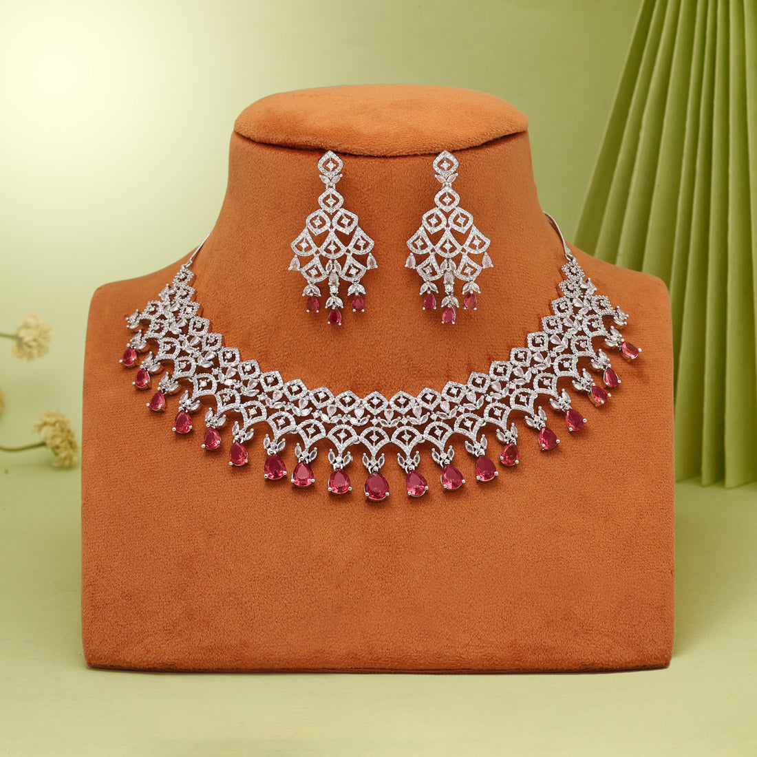 Ruby Color American Diamond Necklaces Set - Preyans.com