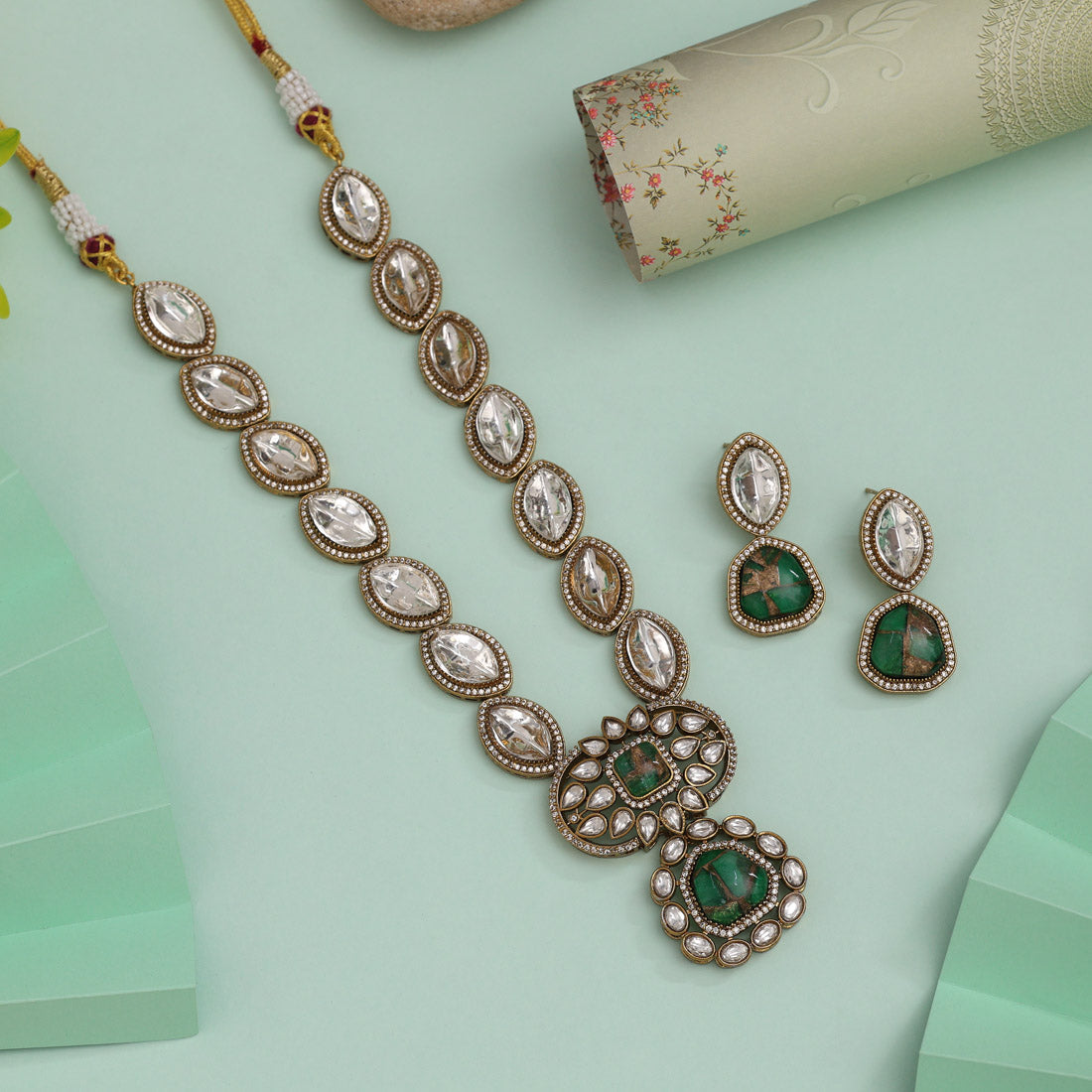 Green Color American Diamond Necklace Set With Beautifully Carved Stone Design - Preyans.com