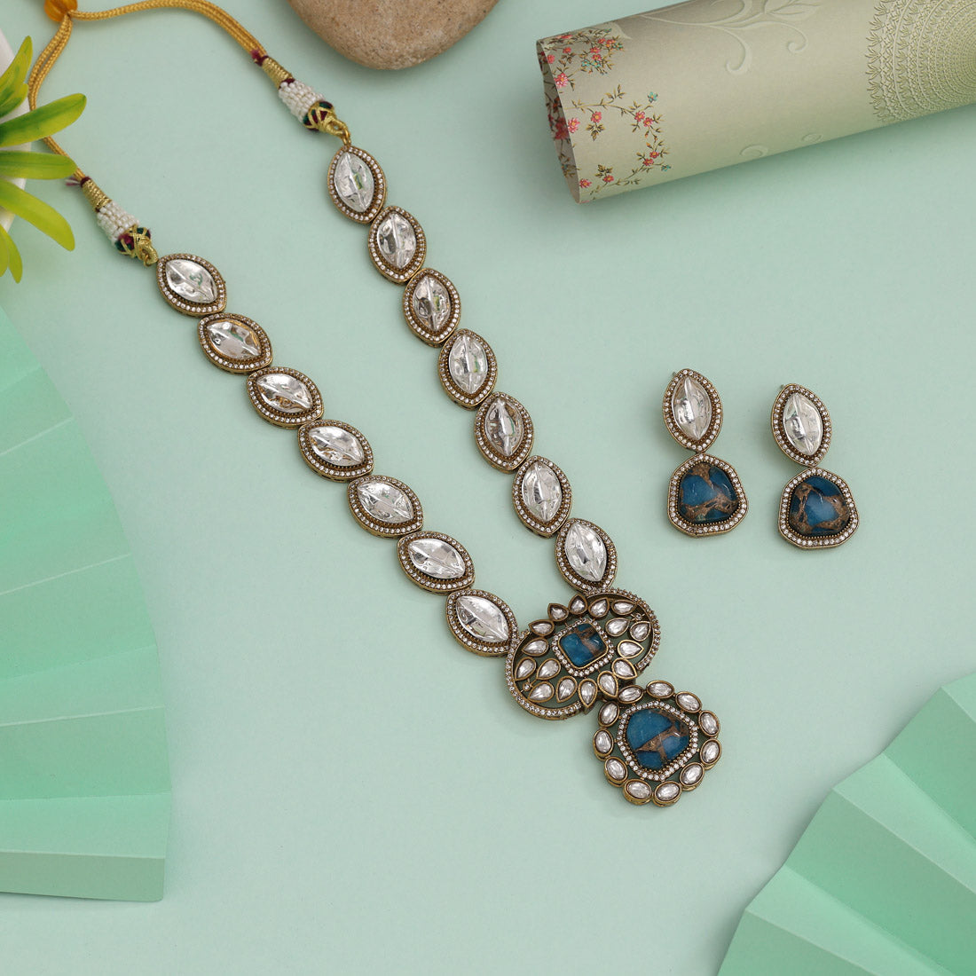 Turquoise Blue Color American Diamond Necklace Set For Sophisticated Occasions - Preyans.com