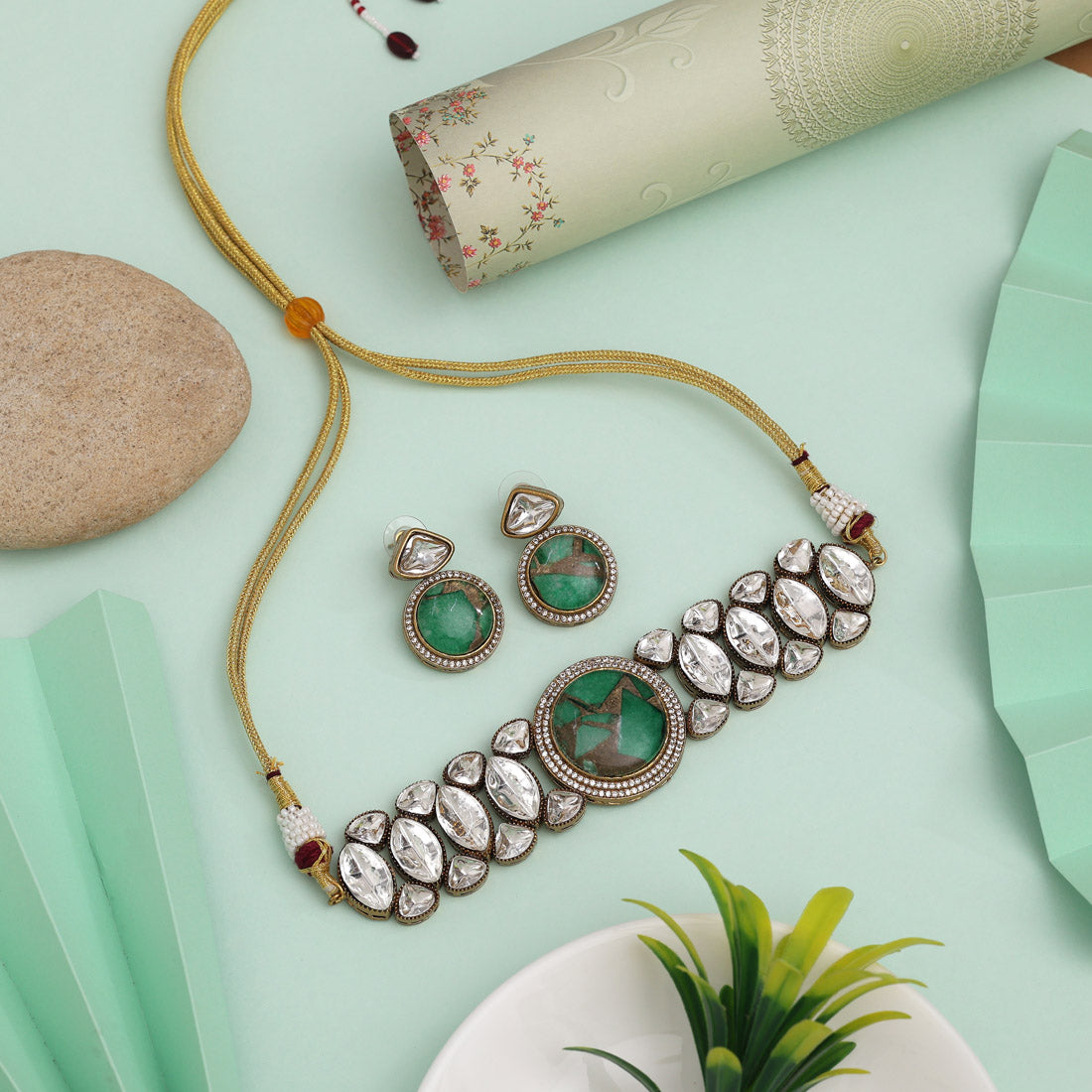Green Color Choker American Diamond Necklace Set With Traditional Beaded Design - Preyans.com