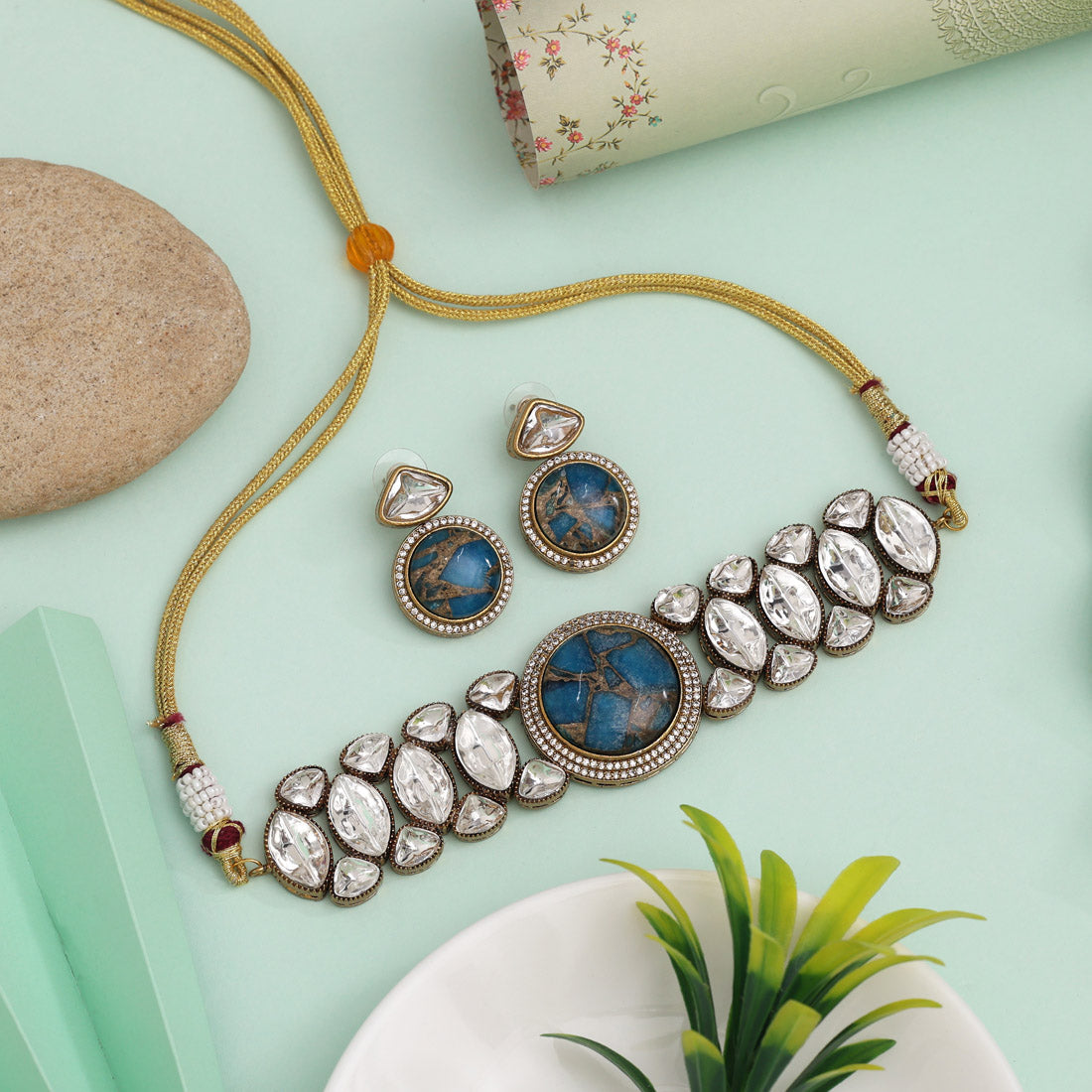 Turquoise Blue Color Choker American Diamond Necklace Set With Bold Styling - Preyans.com