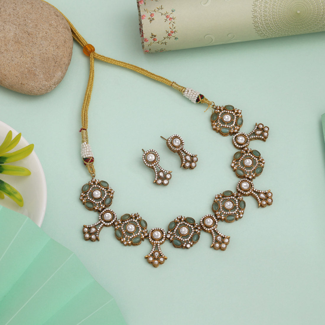 Pista Green Color American Diamond Necklace Set With Subtle Radiant Finish - Preyans.com