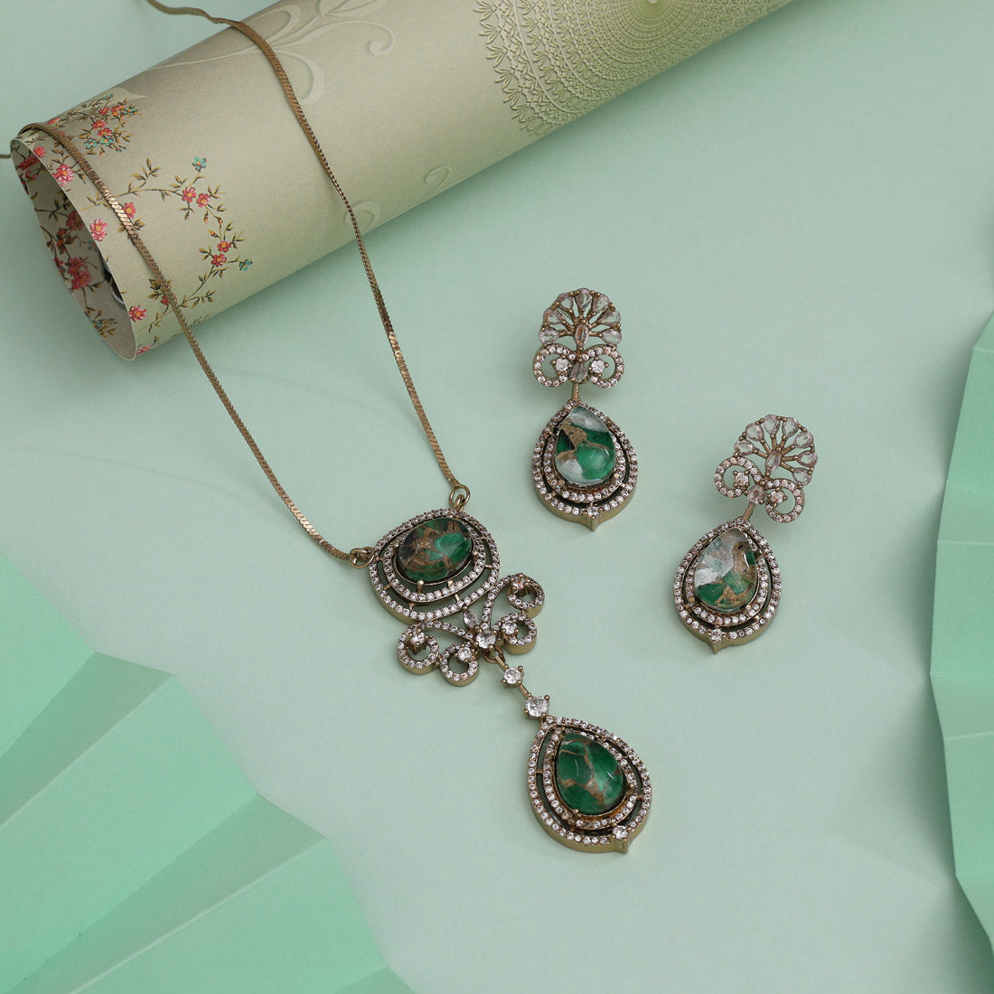 Green Color American Diamond Necklace Set With Polished Finish For Festive Looks - Preyans.com