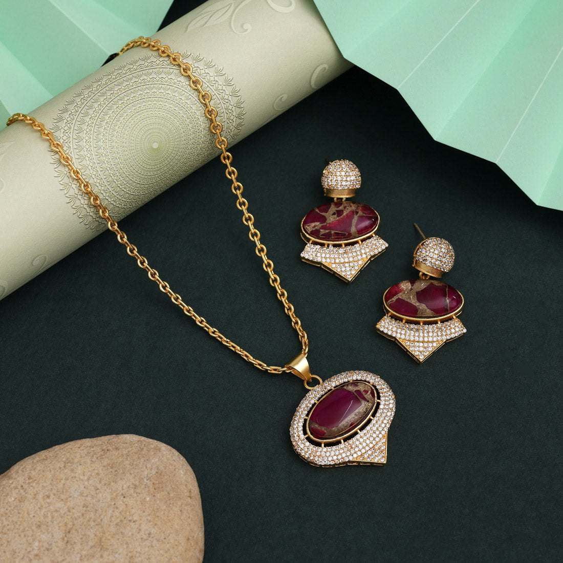 Rani Color American Diamond Necklace Set With Fancy Detailing For Bridal Wear - Preyans.com