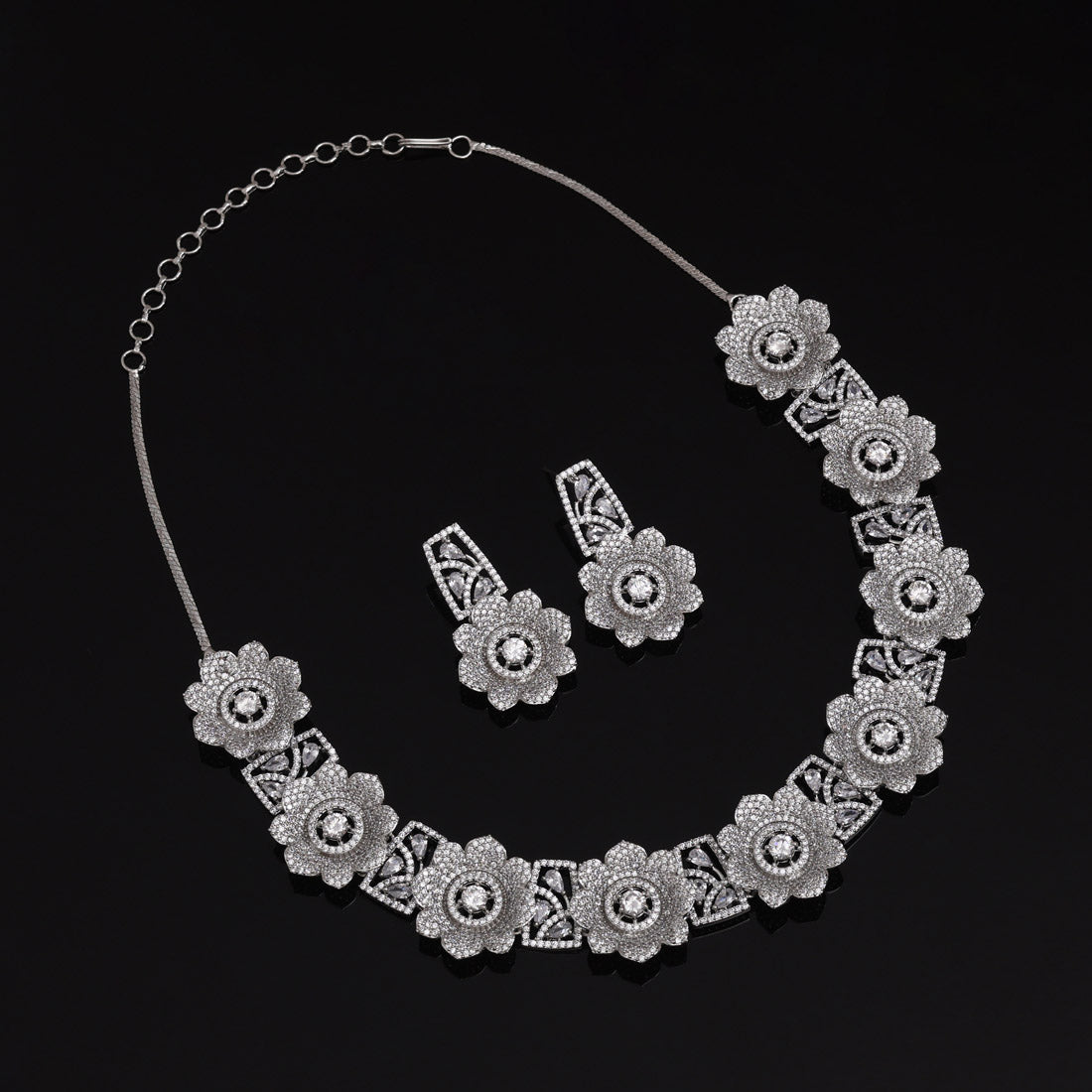 Silver Color American Diamond Necklace Set Designed For Evening Glamorous Occasions - Preyans.com