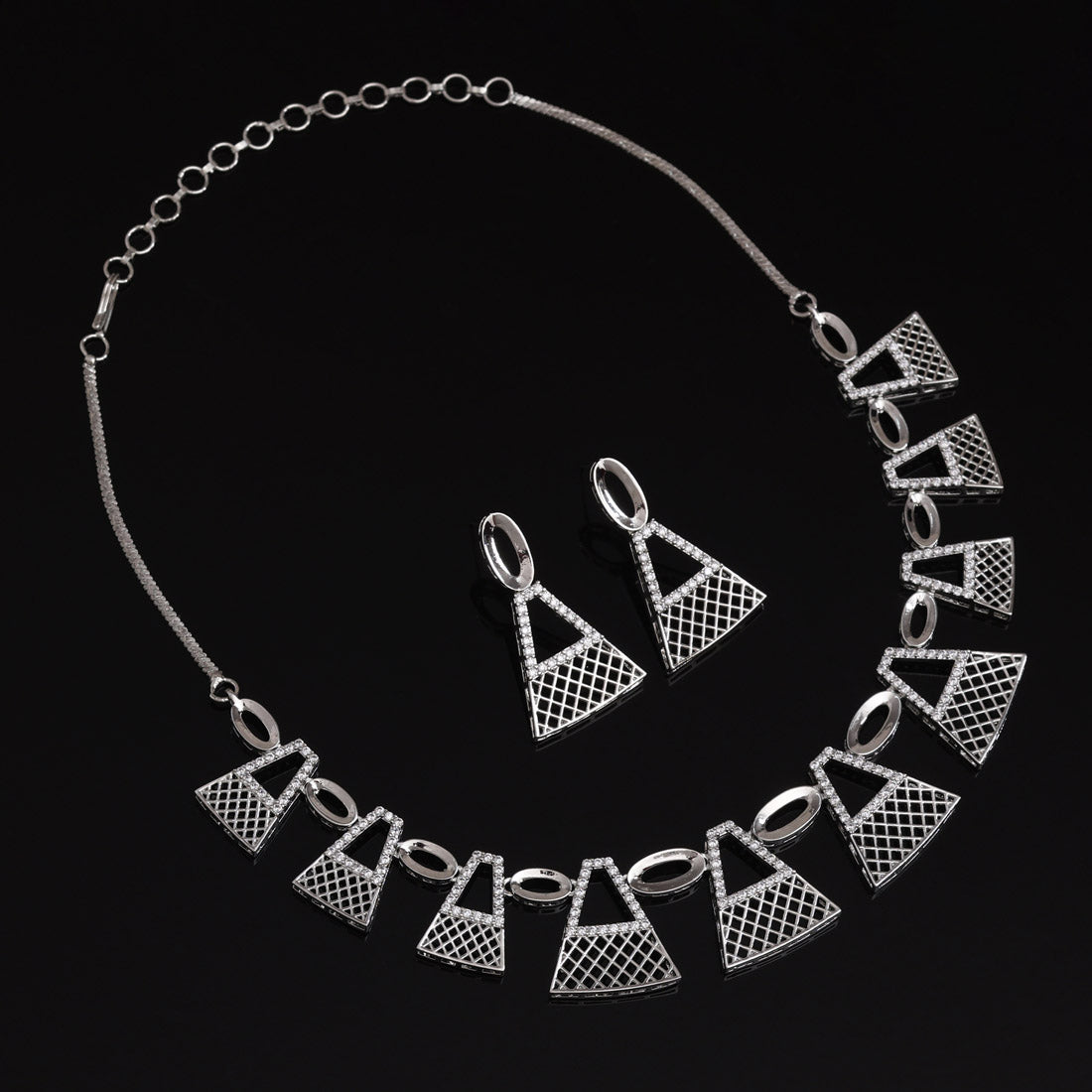 Silver Color American Diamond Necklace Set With High Shine And Smooth Texture - Preyans.com