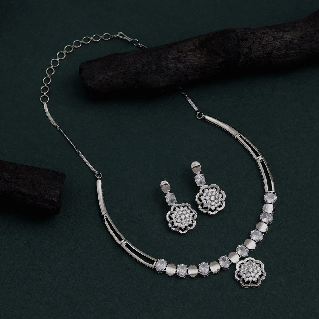 Silver Color American Diamond Necklace Set Designed For Elegant Day Or Night Wear - Preyans.com