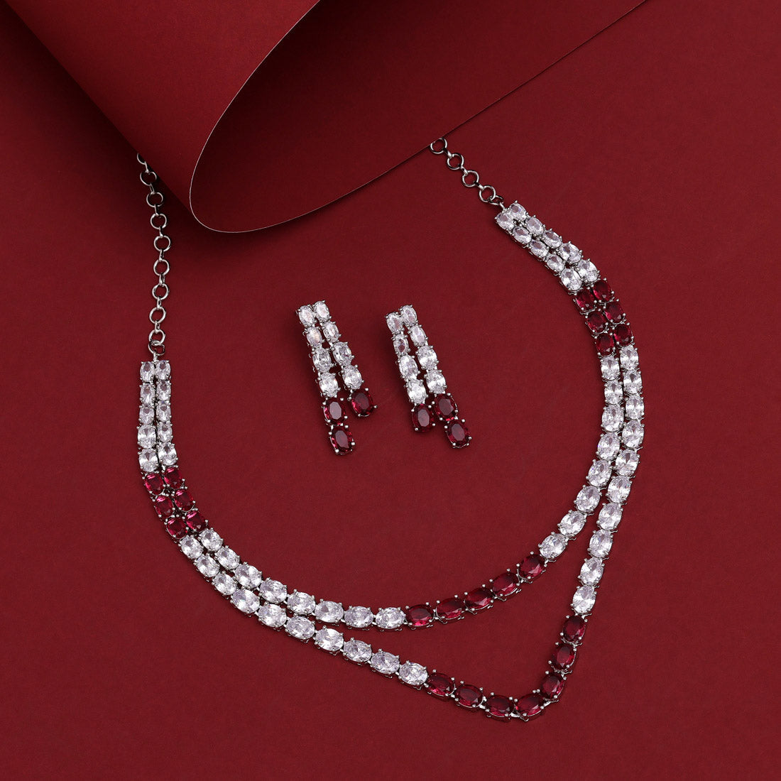 Ruby Color American Diamond Necklace Set (CZN954RUBY) - preyans.com