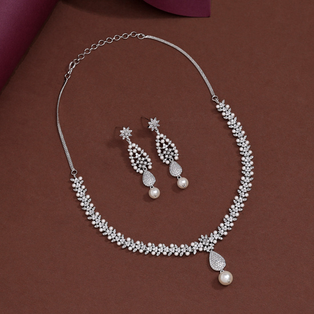 Silver Color American Diamond Necklace Set (CZN957SLV) - preyans.com