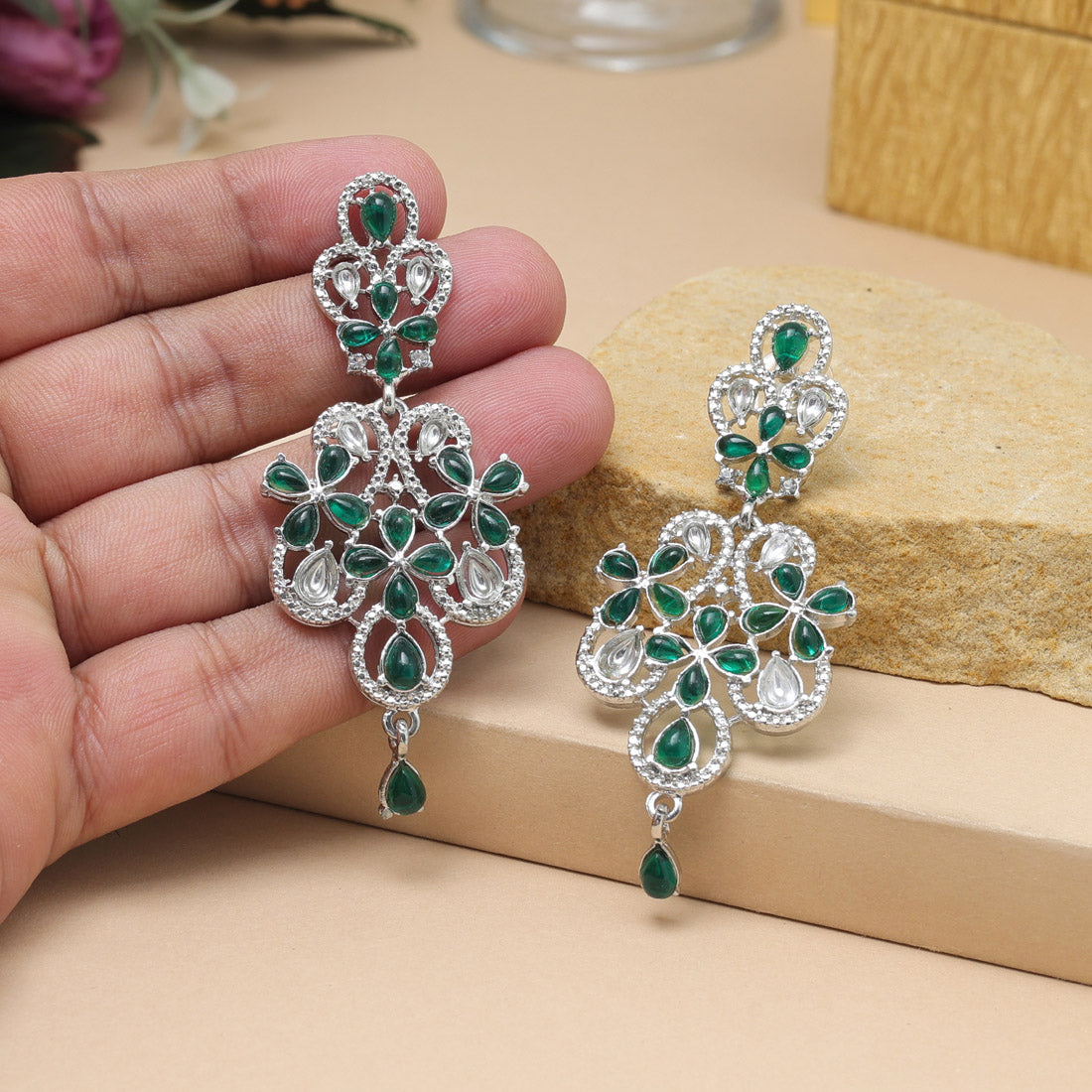 Green Color Fashion Earrings With Floral Carving And Handmade Touch - Preyans.com
