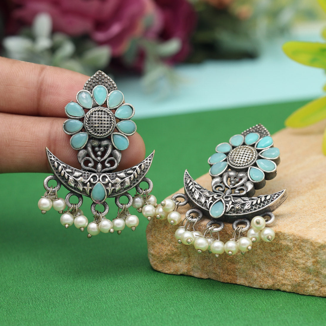 Firozi Color Oxidised Earrings (GSE2971FRZ) - preyans.com