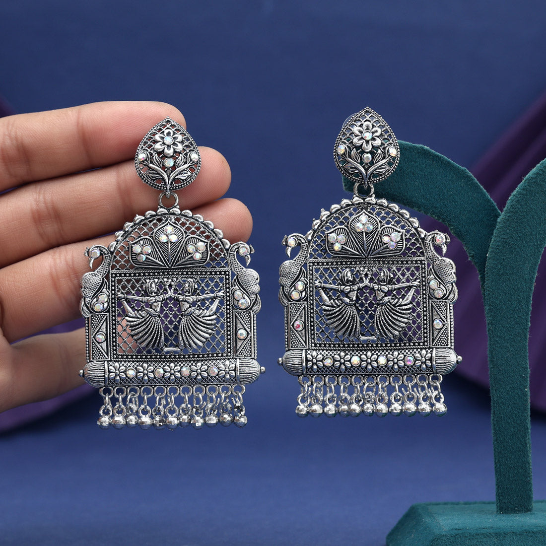 Silver Color Glass Stone Oxidised Earrings - Preyans.com