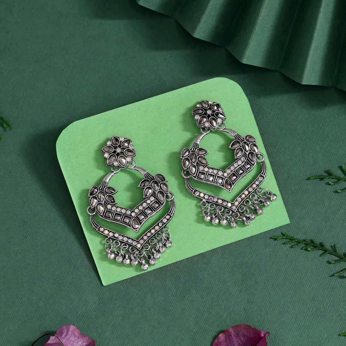 Silver Color Glass Stone Oxidised Earrings - Preyans.com