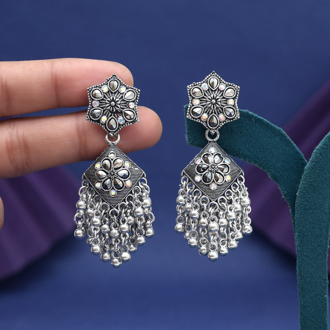 Silver Color Glass Stone Oxidised Earrings - Preyans.com