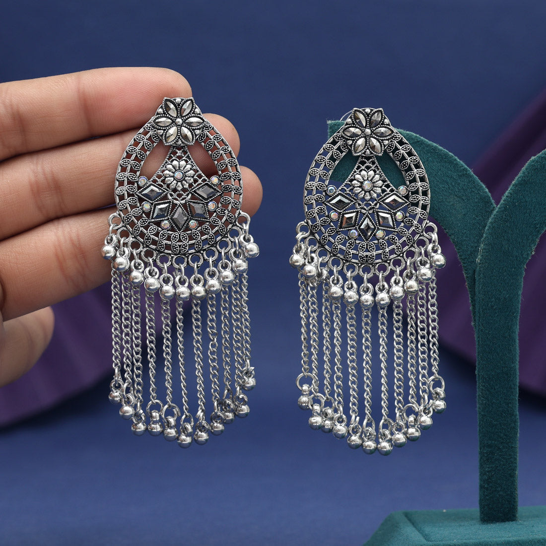 Silver Color Glass Stone Oxidised Earrings - Preyans.com