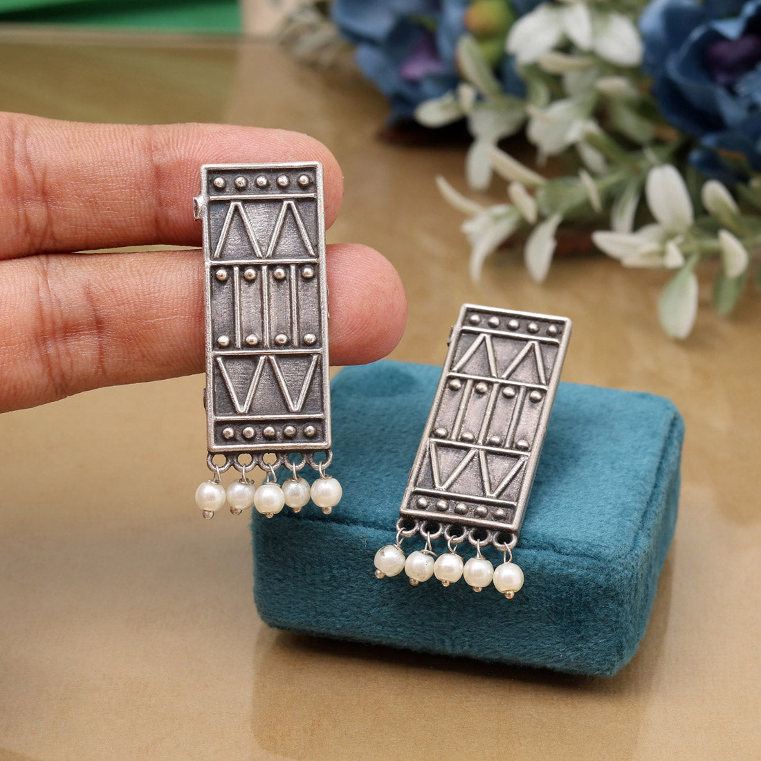 Handmade Silver Color Oxidised Stud Dangler Boho Chic Fashion Earrings - Preyans.com