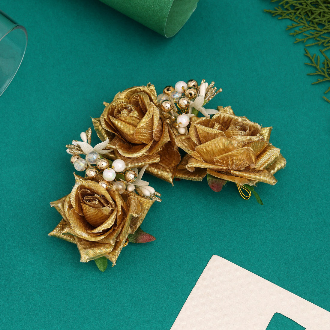 Gold Color Rose Flower Gajra For Women Hair Pin (HRP218GLD) - Preyans.com