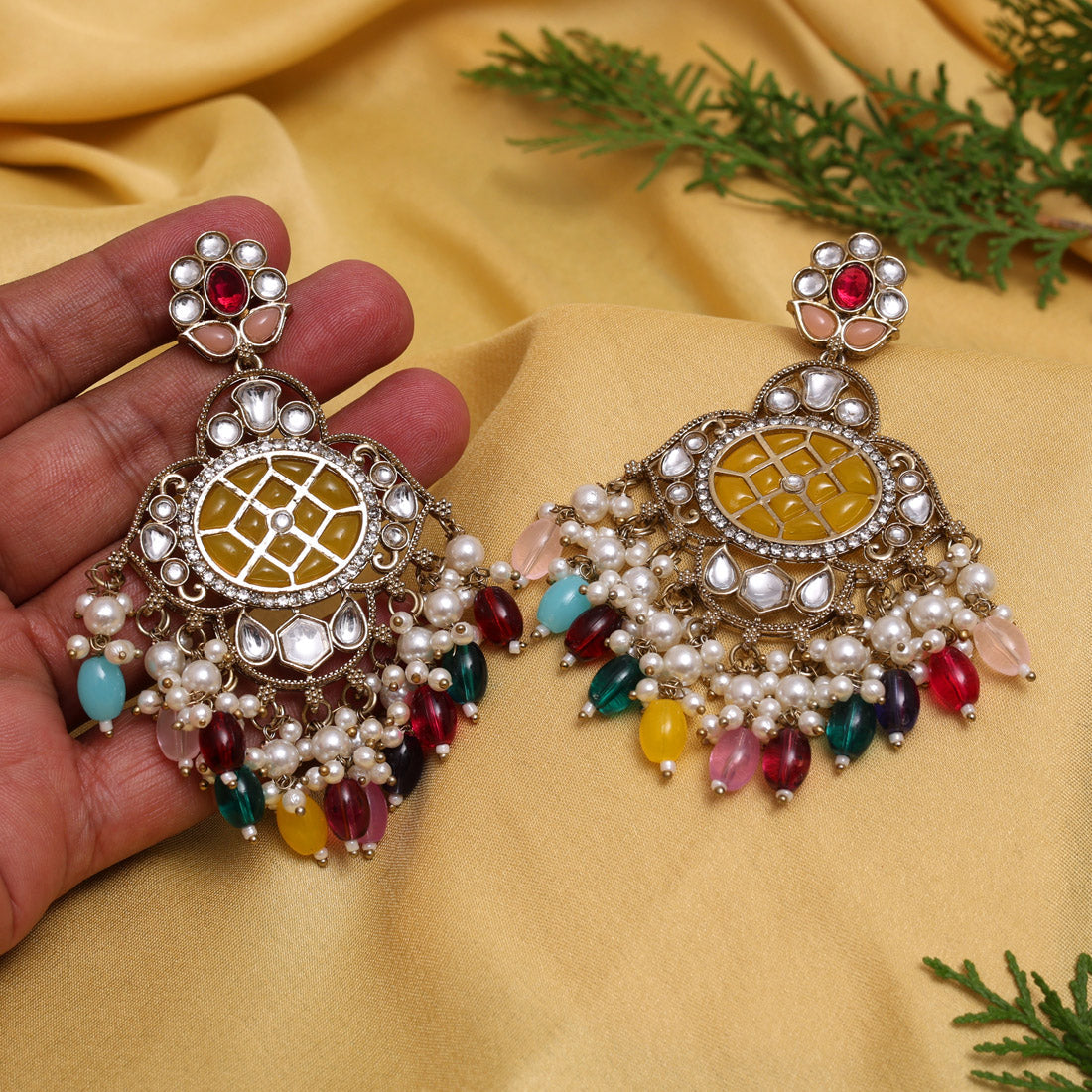 Yellow Color Kundan Earrings (KDE1003YLW) - Preyans.com