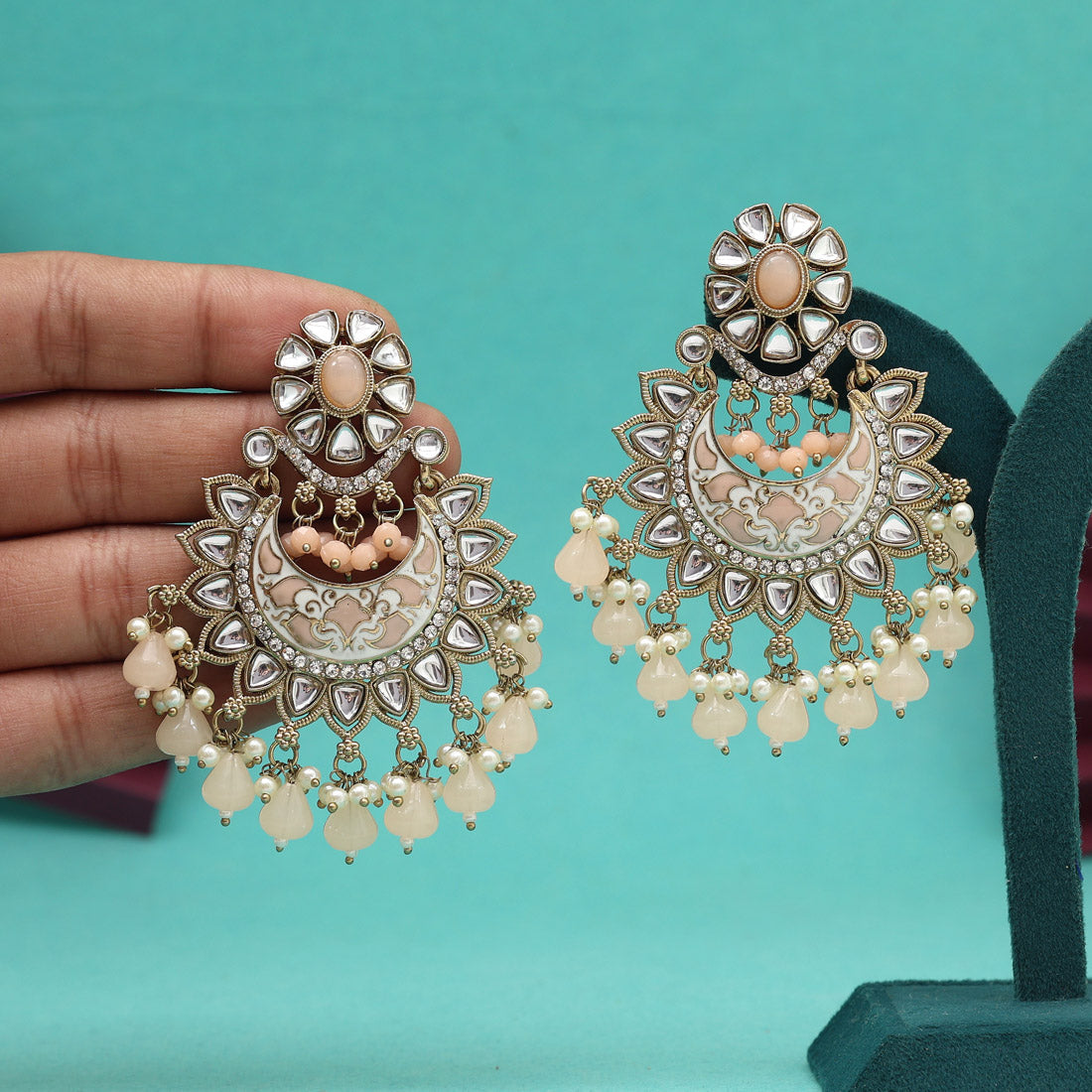 Peach Color Meena Work Kundan Earrings (KDE1023PCH) - Preyans.com