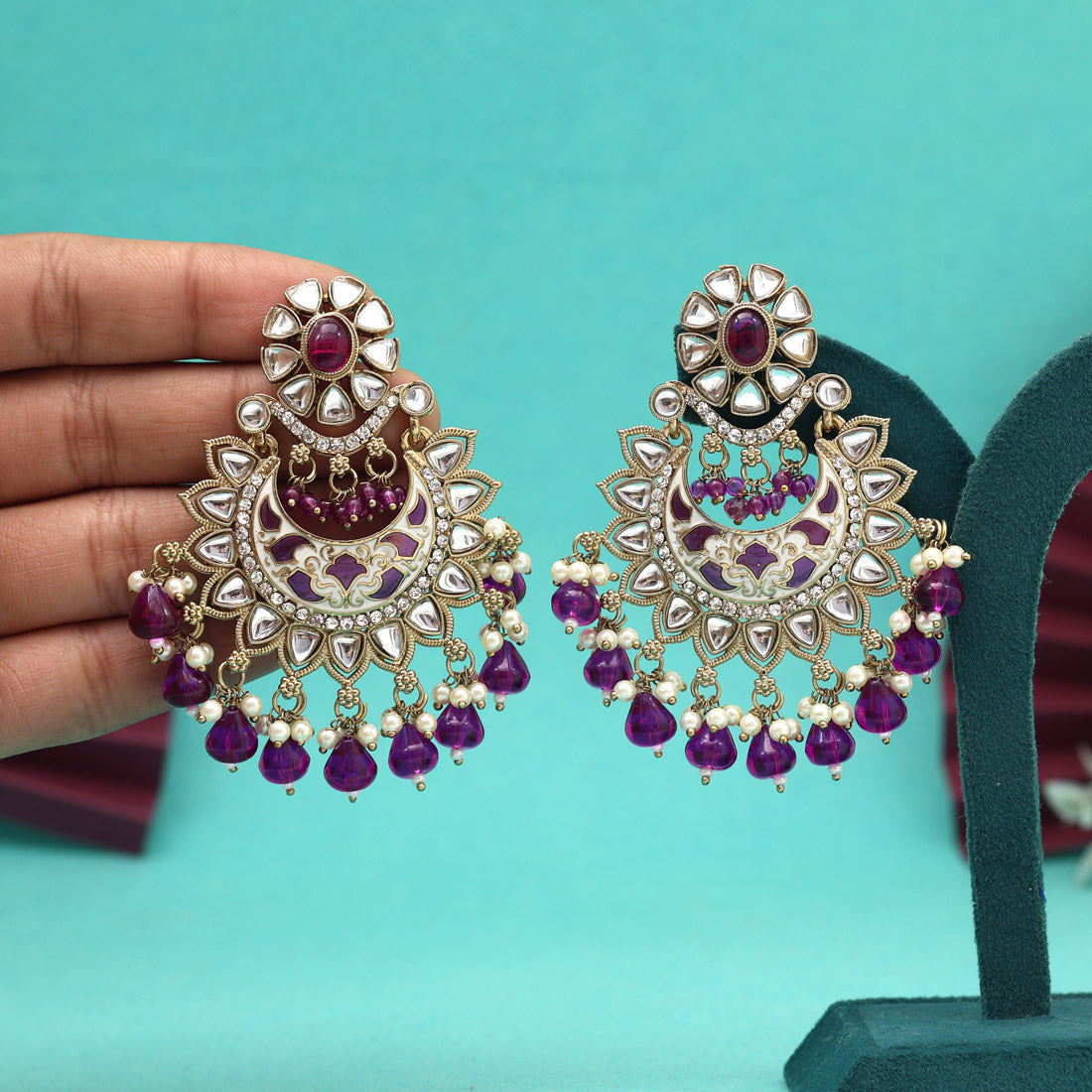 Purple Color Meena Work Kundan Earrings (KDE1023PRP) - Preyans.com