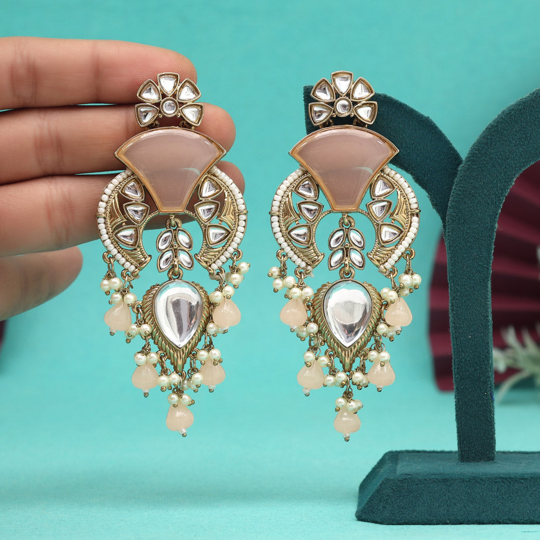 Peach Color Kundan Earrings (KDE1024PCH) - Preyans.com