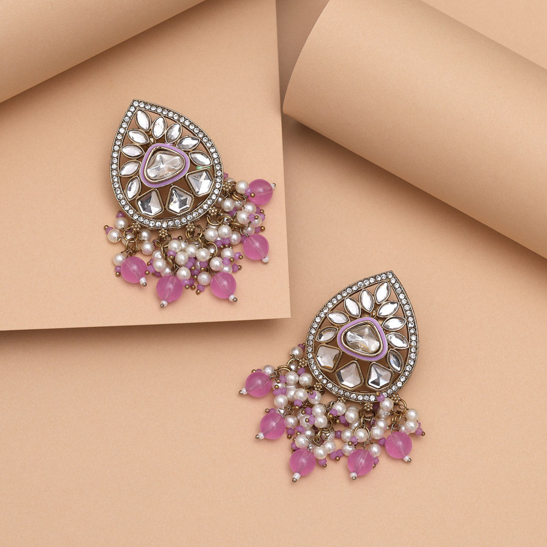 Light Purple Color Meena Work Kundan Earrings (KDE1030LPRP) - Preyans.com