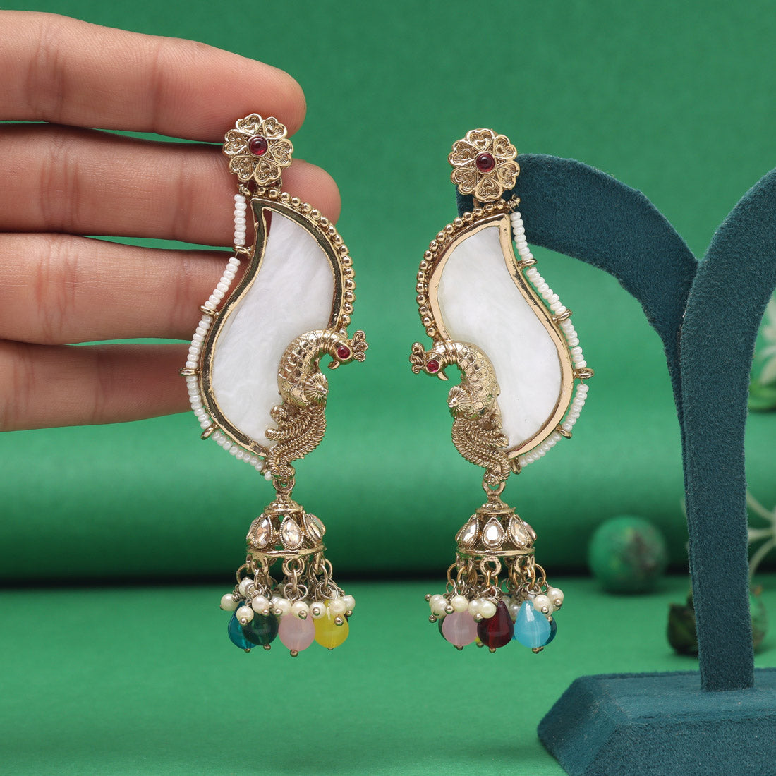 Multi Color Mother Of Pearl Kundan Earrings - eindiawholesale.com