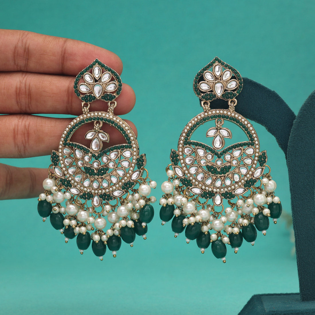 Green Color Kundan Earrings (KDE953GRN) - preyans.com