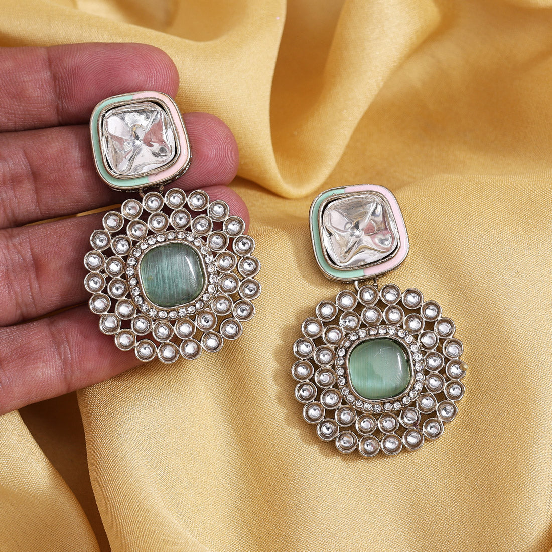 Pink & Pista Green Color Moissanite Kundan Earrings (KDE975PGRNPNK) - Preyans.com