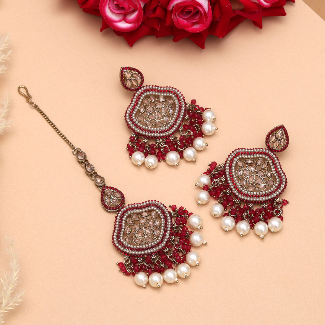 Rani Color Pakistani Kundan Earrings With Maang Tikka (KDTE591RNI) - Preyans.com