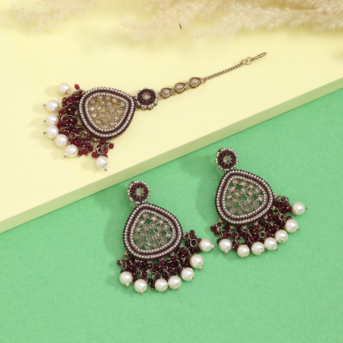 Magenta Color Pakistani Kundan Earrings With Maang Tikka (KDTE593MNT) - Preyans.com
