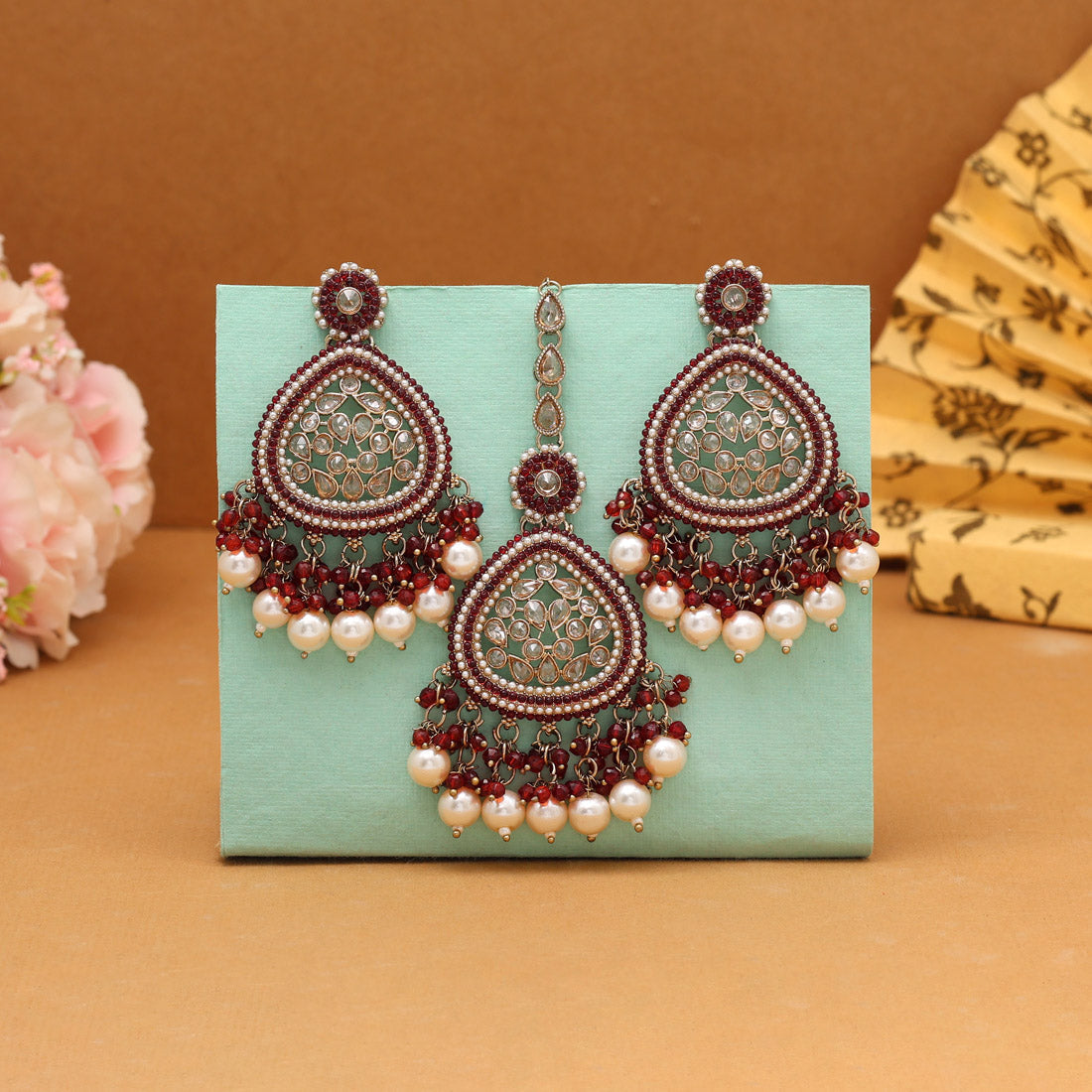 Maroon Color Pakistani Kundan Earrings With Maang Tikka (KDTE593MRN) - Preyans.com