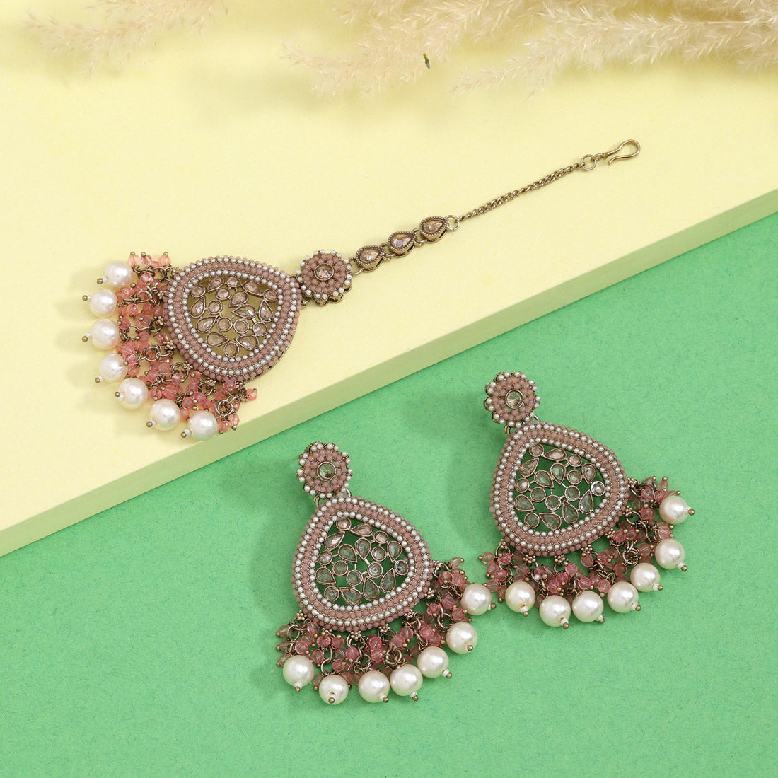 Pink Color Pakistani Kundan Earrings With Maang Tikka (KDTE593PNK) - Preyans.com
