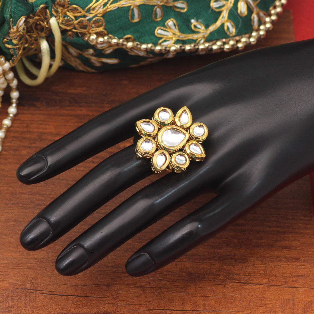 White Color Kundan Meenakari Finger Ring For Women (KMR740WHT) - preyans.com