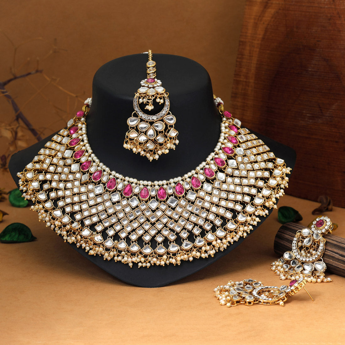 Rani Color Kundan Necklace Set (KN1026RNI) - Preyans.com
