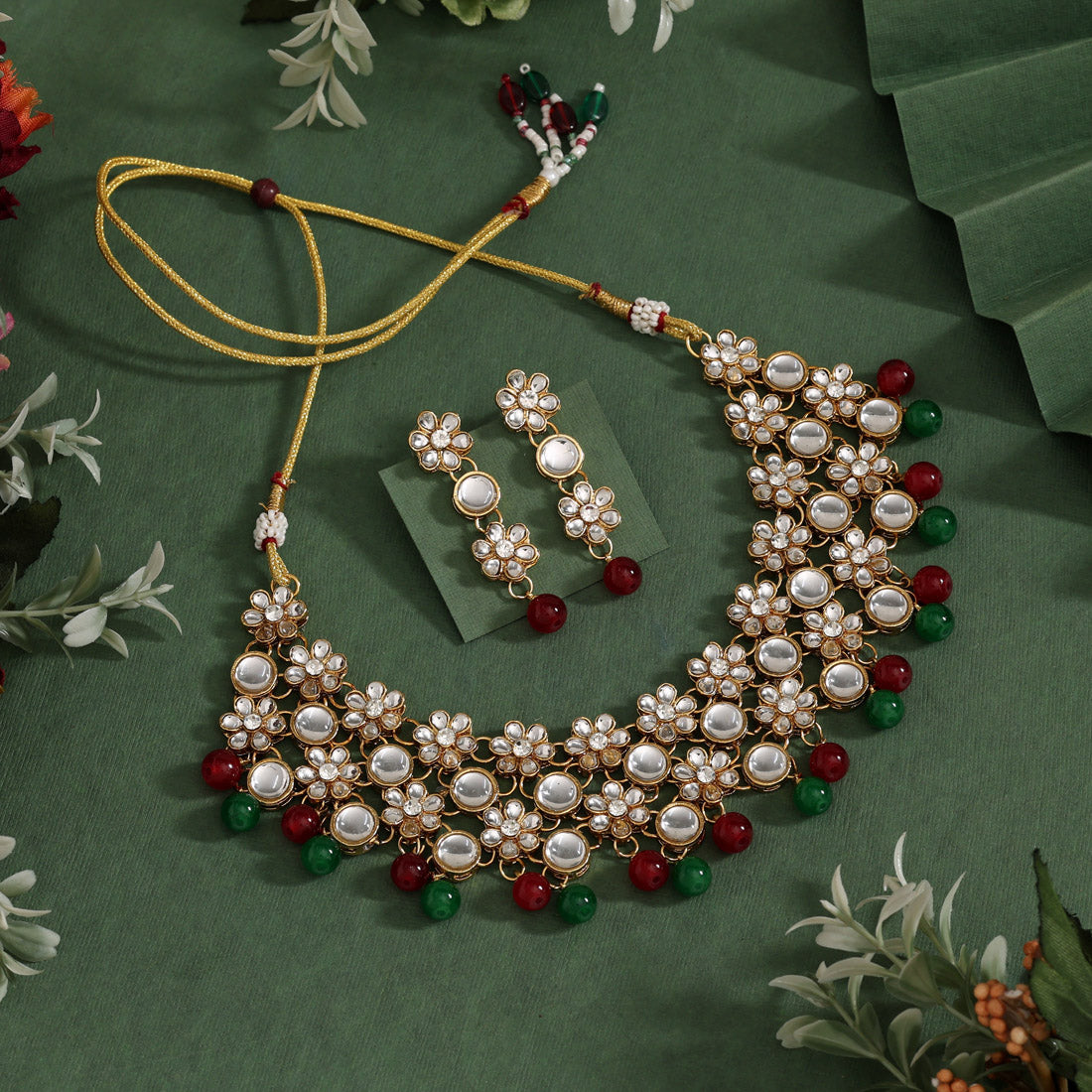 Maroon & Green Color Kundan Necklace Set (KN1047MG) - Preayans.com