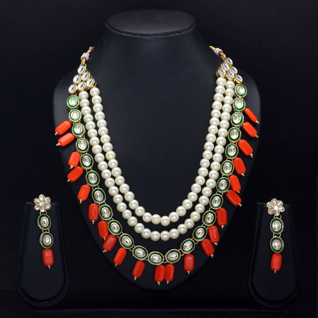 Orange Color Imitation Pearl Kundan Necklace With Earring (KN122ORG) - preyans.com