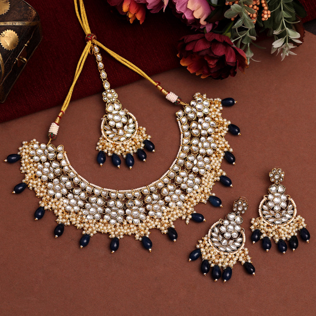 Navy Blue Color Kundan Necklace Set (KN1394NBLU) - preyans.com