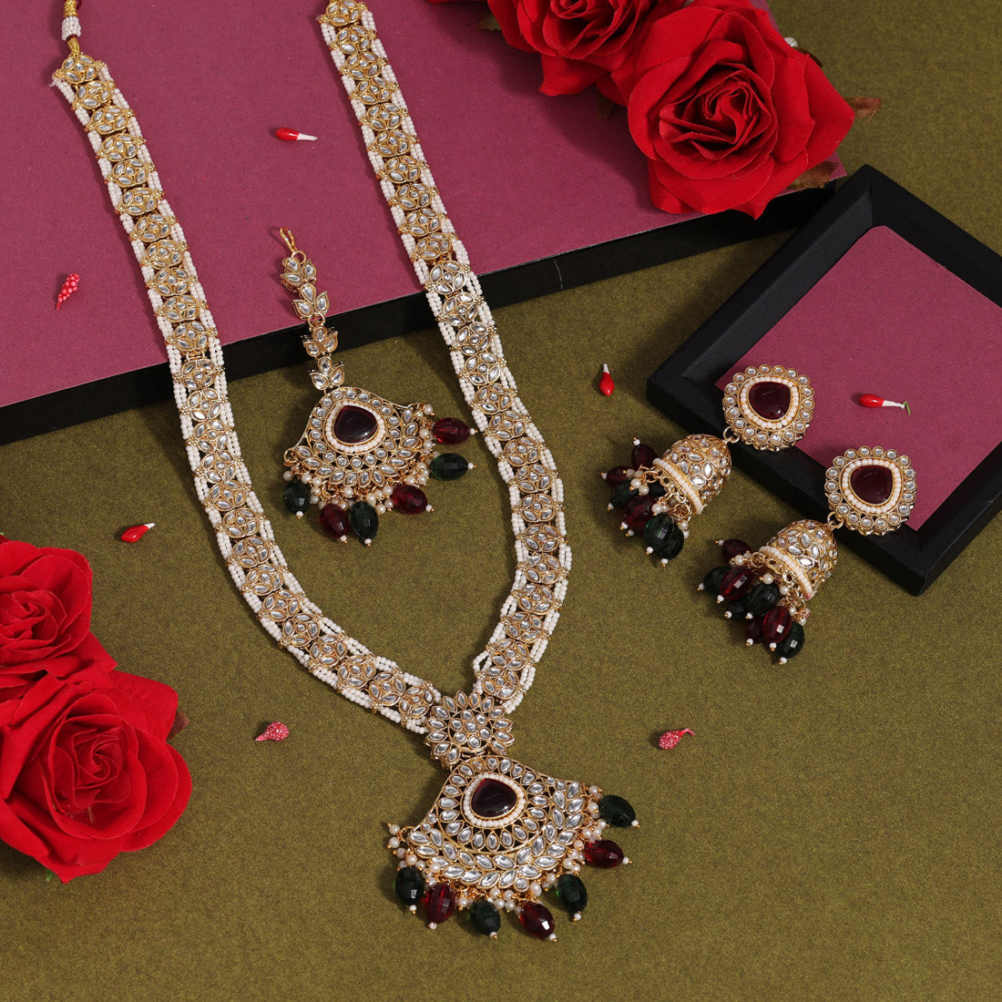 Maroon & Green Color Long Kundan Necklace Set (KN1411MG) - preyans.com