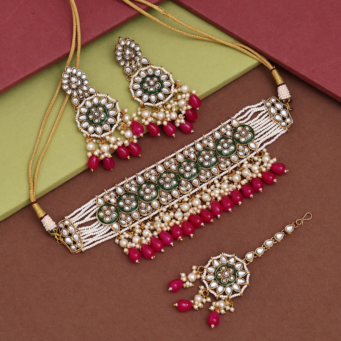 Rani Color Choker Kundan Necklace Set (KN1430RNI) - preyans.com