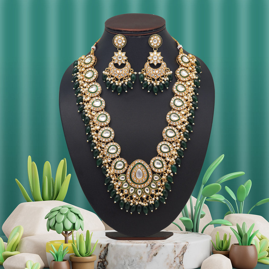 Green Color Kundan Necklace Set (KN1446GRN) - preyans.com