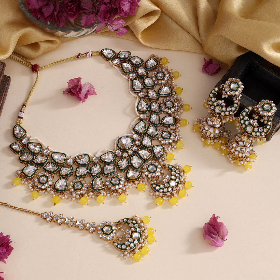 Yellow Color Meena Work Kundan Necklace Set (KN1452YLW) - Preyans.com
