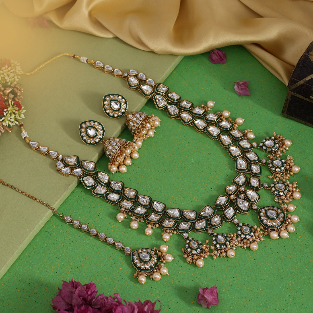 Gold Color Meena Work Kundan Necklace Set (KN1453GLD) - Preyans.com
