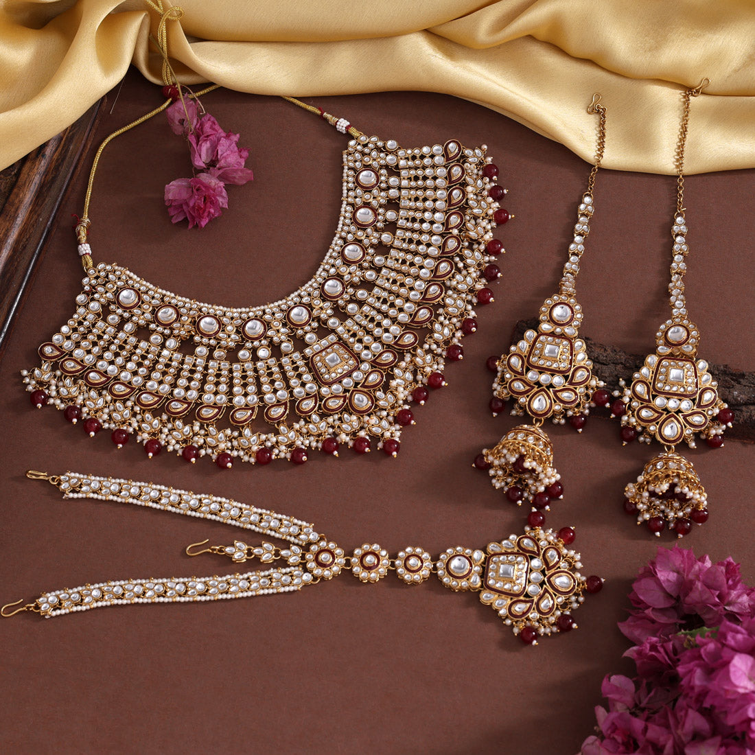 Maroon Color Meena Work Kundan Necklace Set (KN1454MRN) - Preyans.com