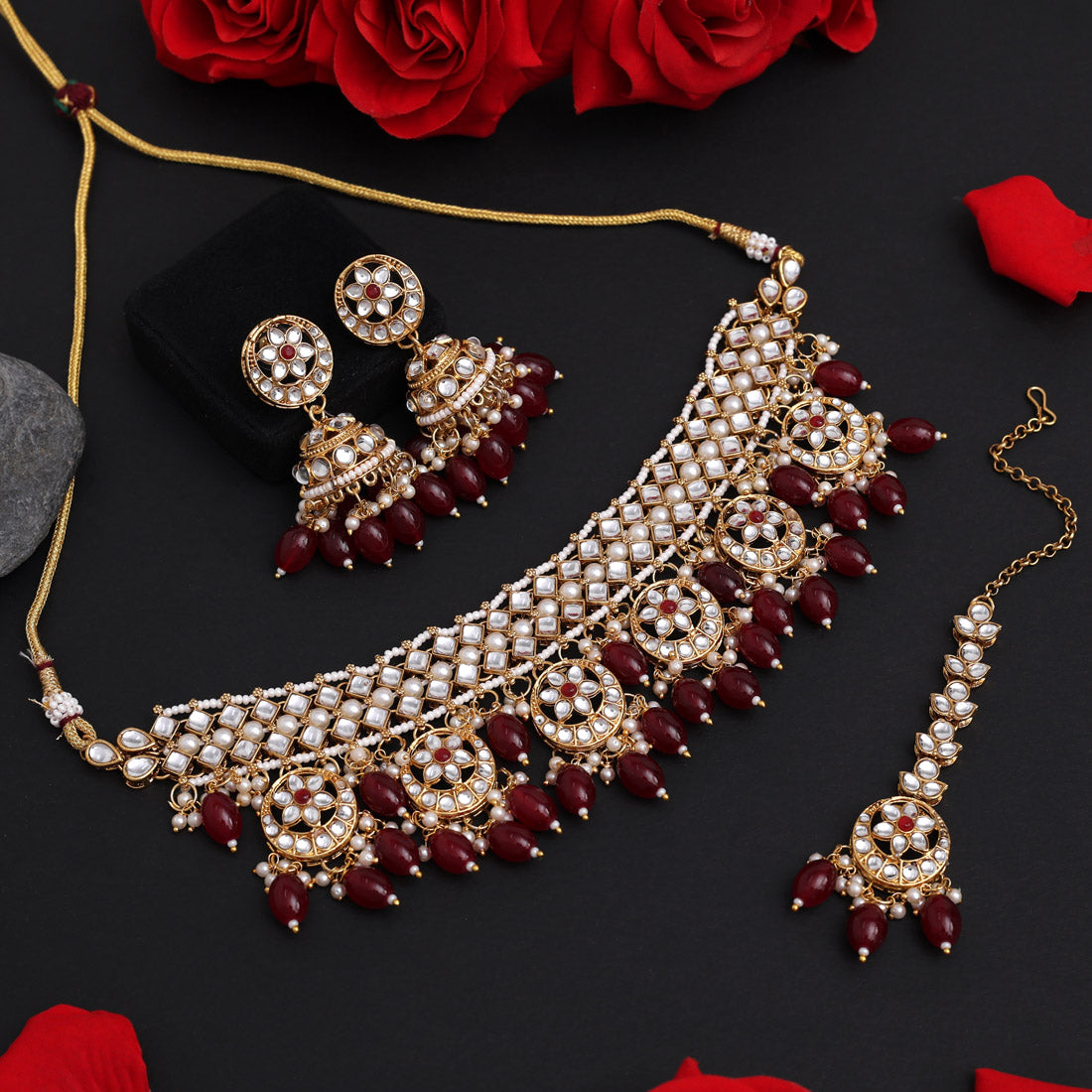 Maroon Color Choker Kundan Necklace Set (KN1456MRN) - Preyans.com