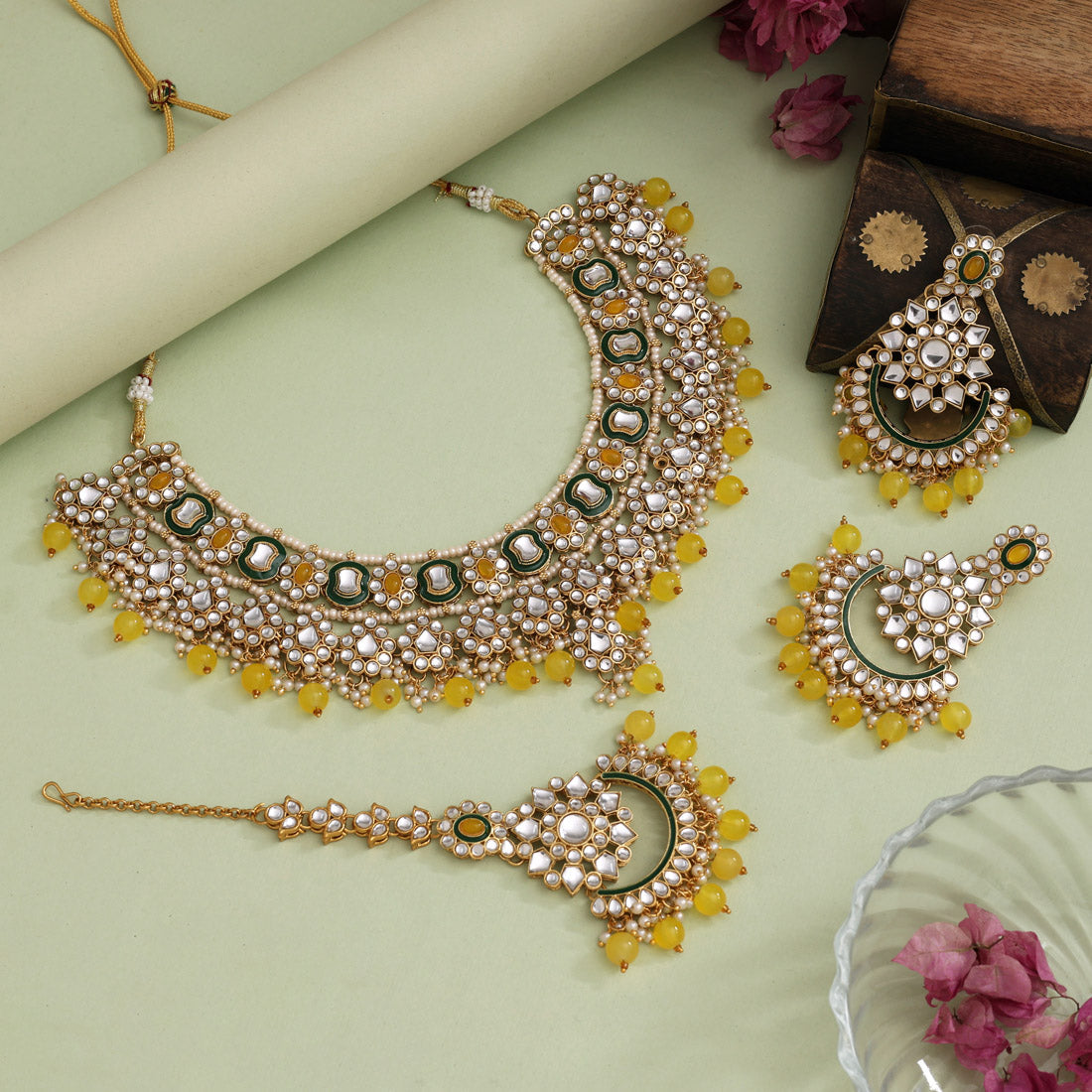 Yellow Color Meena Work Kundan Necklace Set (KN1457YLW) - Preyans.com
