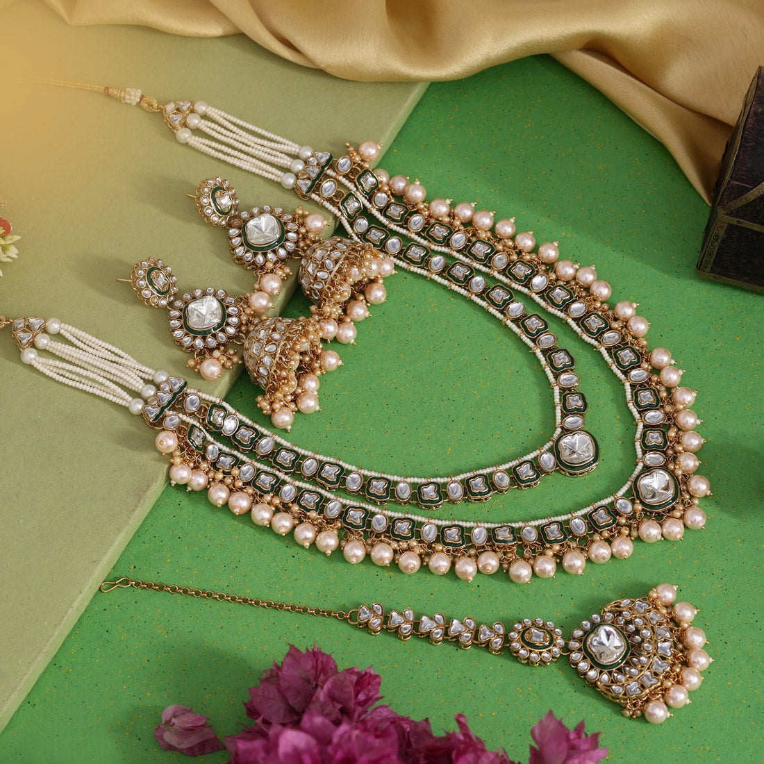 Gold Color Meena Work Kundan Necklace Set (KN1458GLD) - Preyans.com