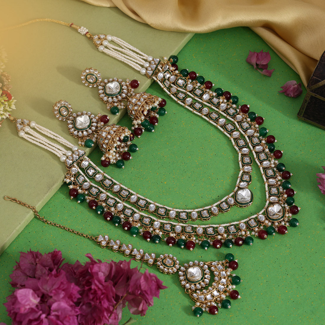 Maroon & Green Color Meena Work Kundan Necklace Set (KN1458MG) - Preyans.com