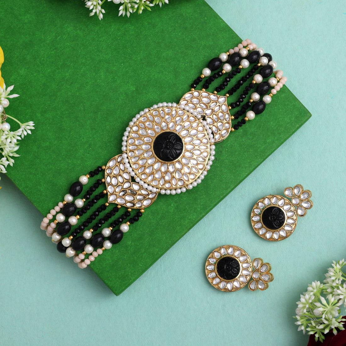 Black Color Beautiful Kundan & Carving Stone Choker Necklace Of Jaipur (KN1463BLK) - Preyans.com